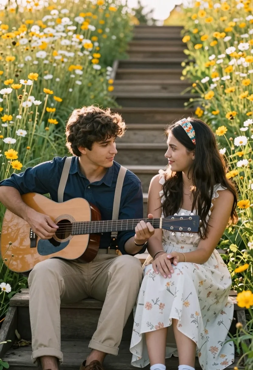 Romantic couple sitting on wooden steps in a field of yellow and - AI generated image prompt sample