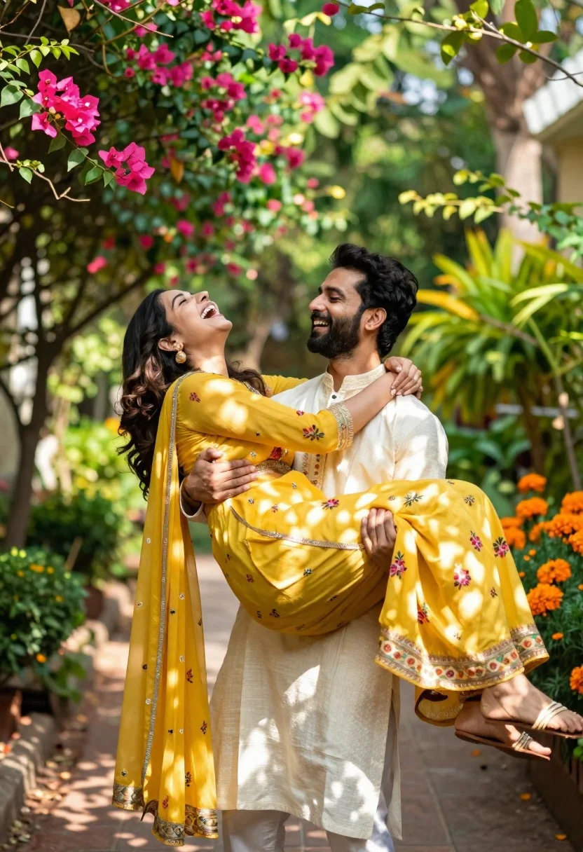 Joyful couple in traditional south asian attire in a lush garden - AI generated image prompt sample