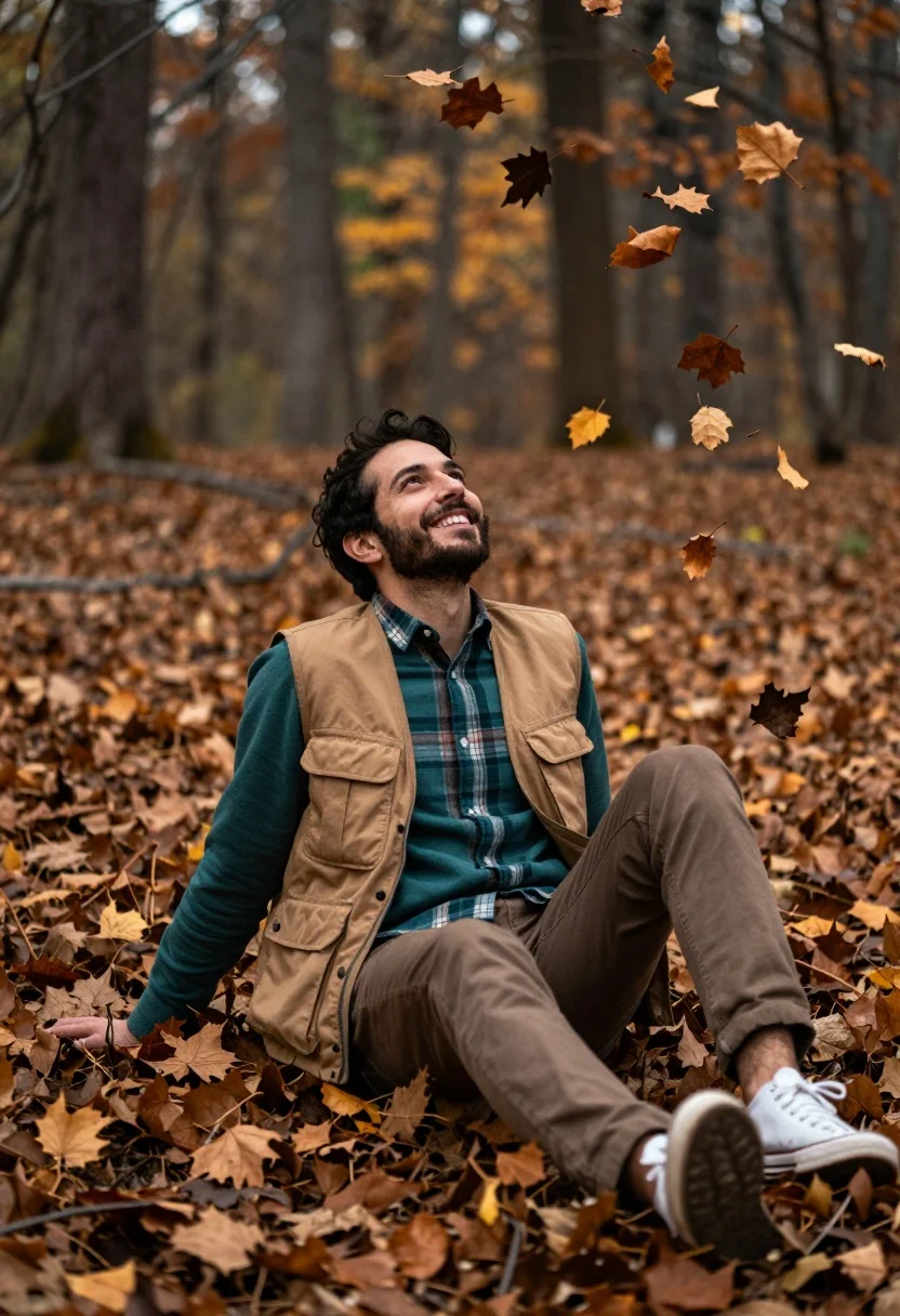 Man sitting in forest surrounded by falling autumn leaves soft daylight - AI generated image prompt sample
