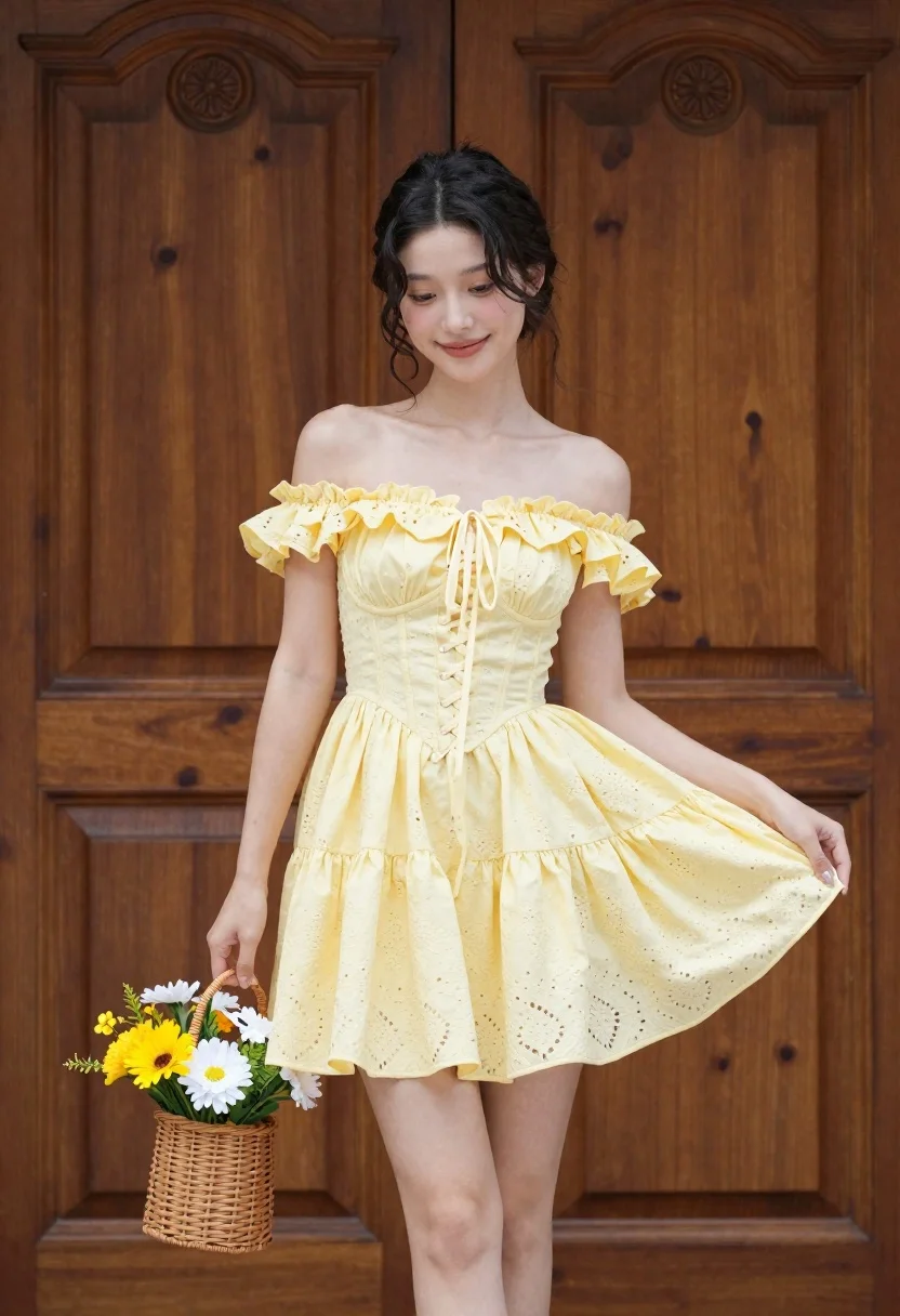 Young woman in pale yellow off shoulder mini dress holding flower basket - AI generated image prompt sample