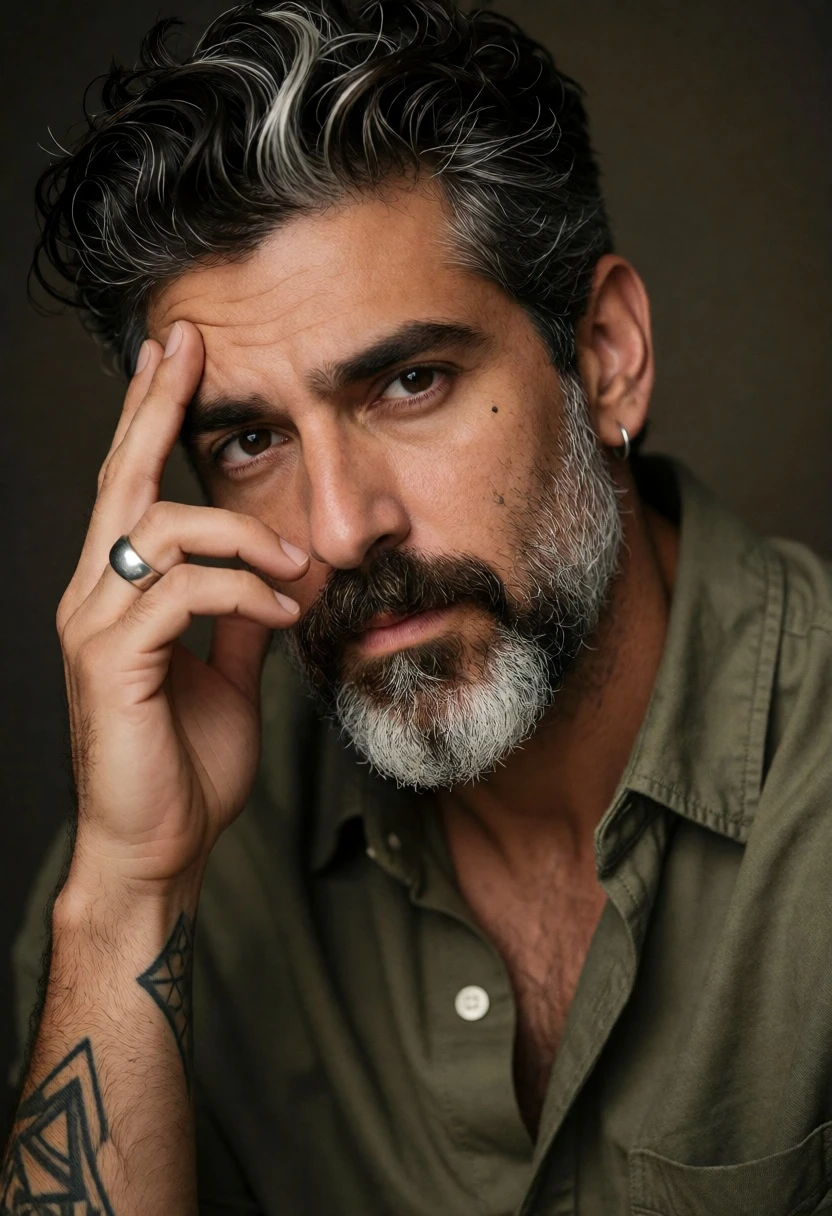 Close up portrait of man with salt and pepper beard touching forehead - AI generated image prompt sample