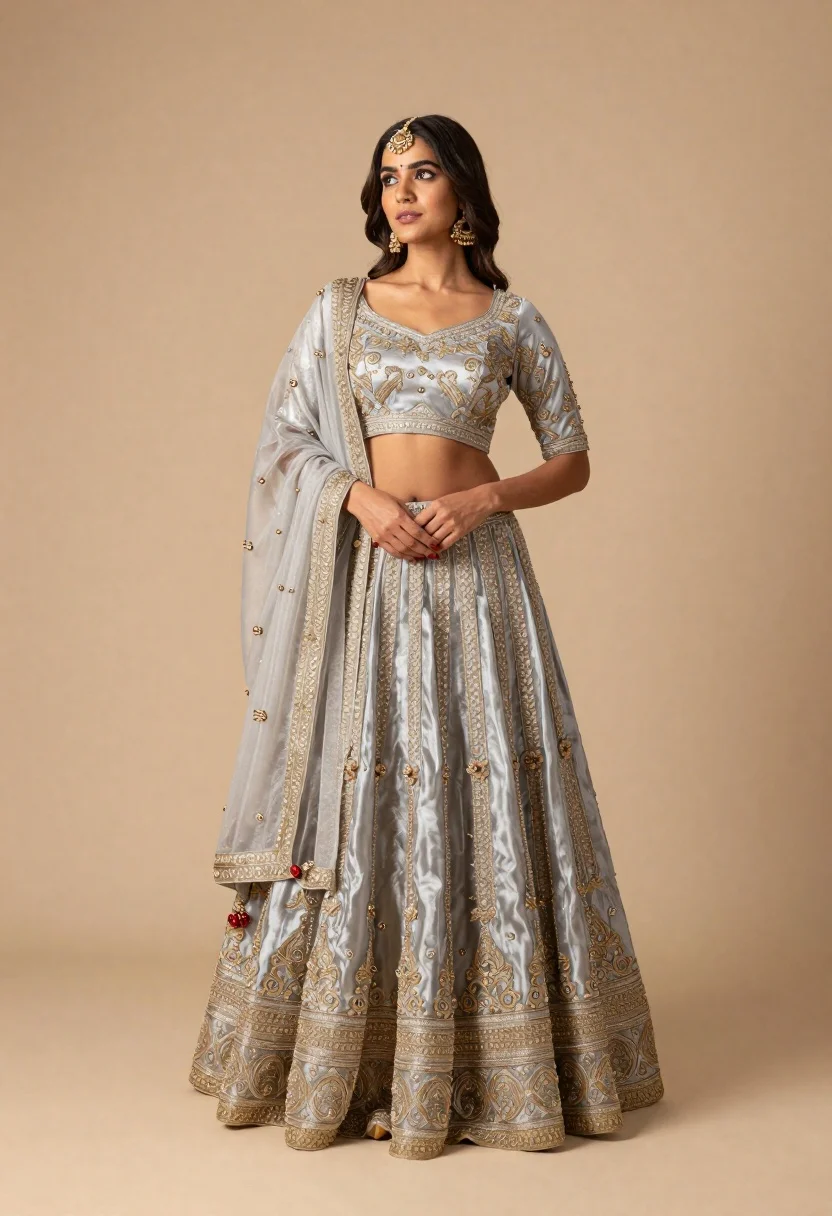 Full body portrait of woman in silver gold lehenga choli at studio