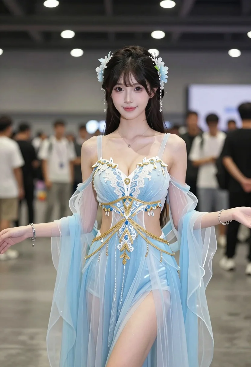 Young woman in ethereal blue gown standing indoors at convention hall - AI generated image prompt sample