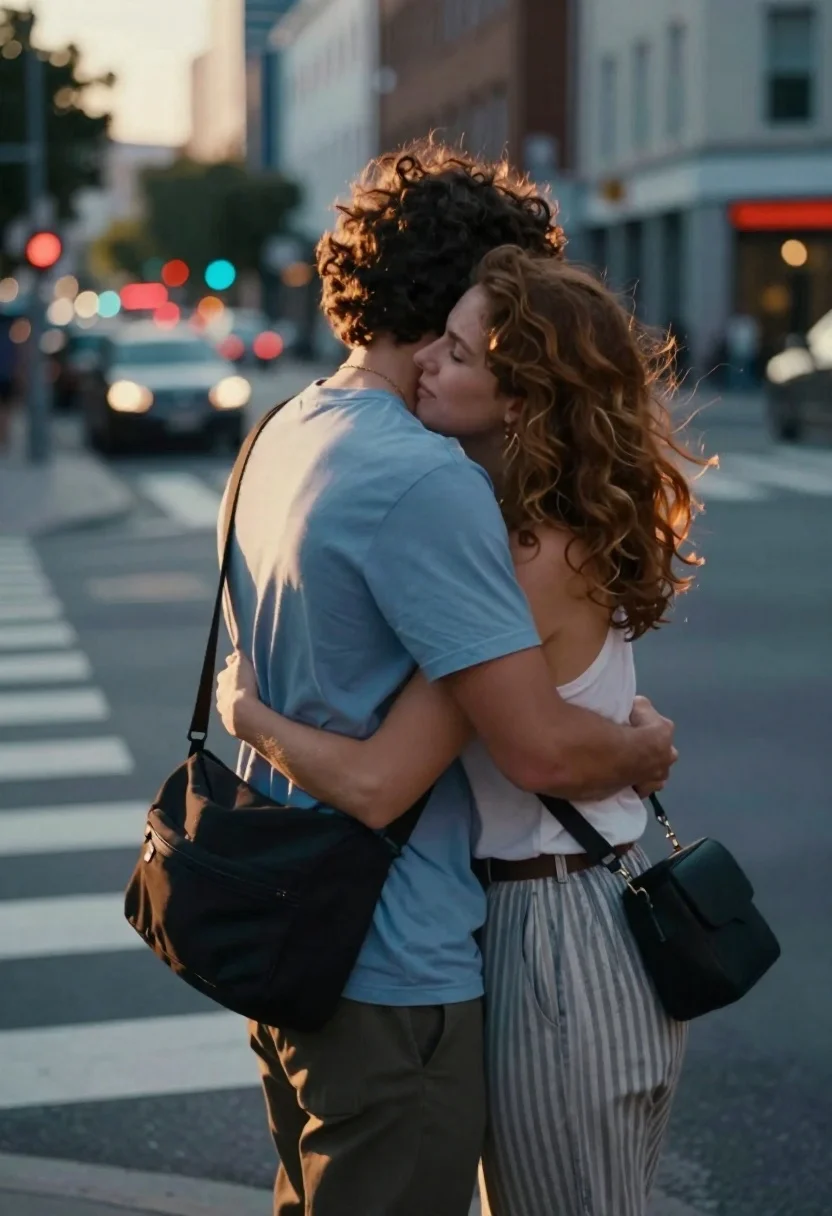 Couple embracing on a city crosswalk at golden hour