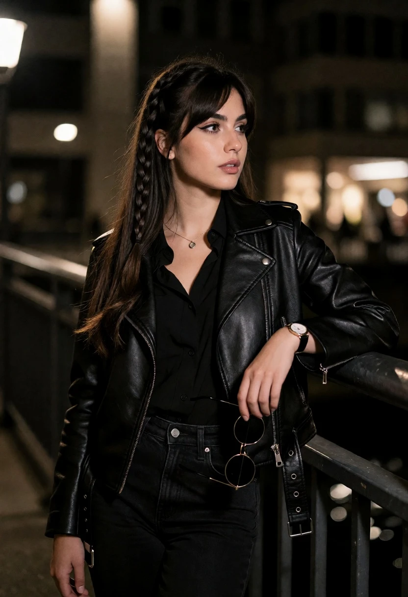 Young woman in black leather outfit leaning on metal railing at night - AI generated image prompt sample
