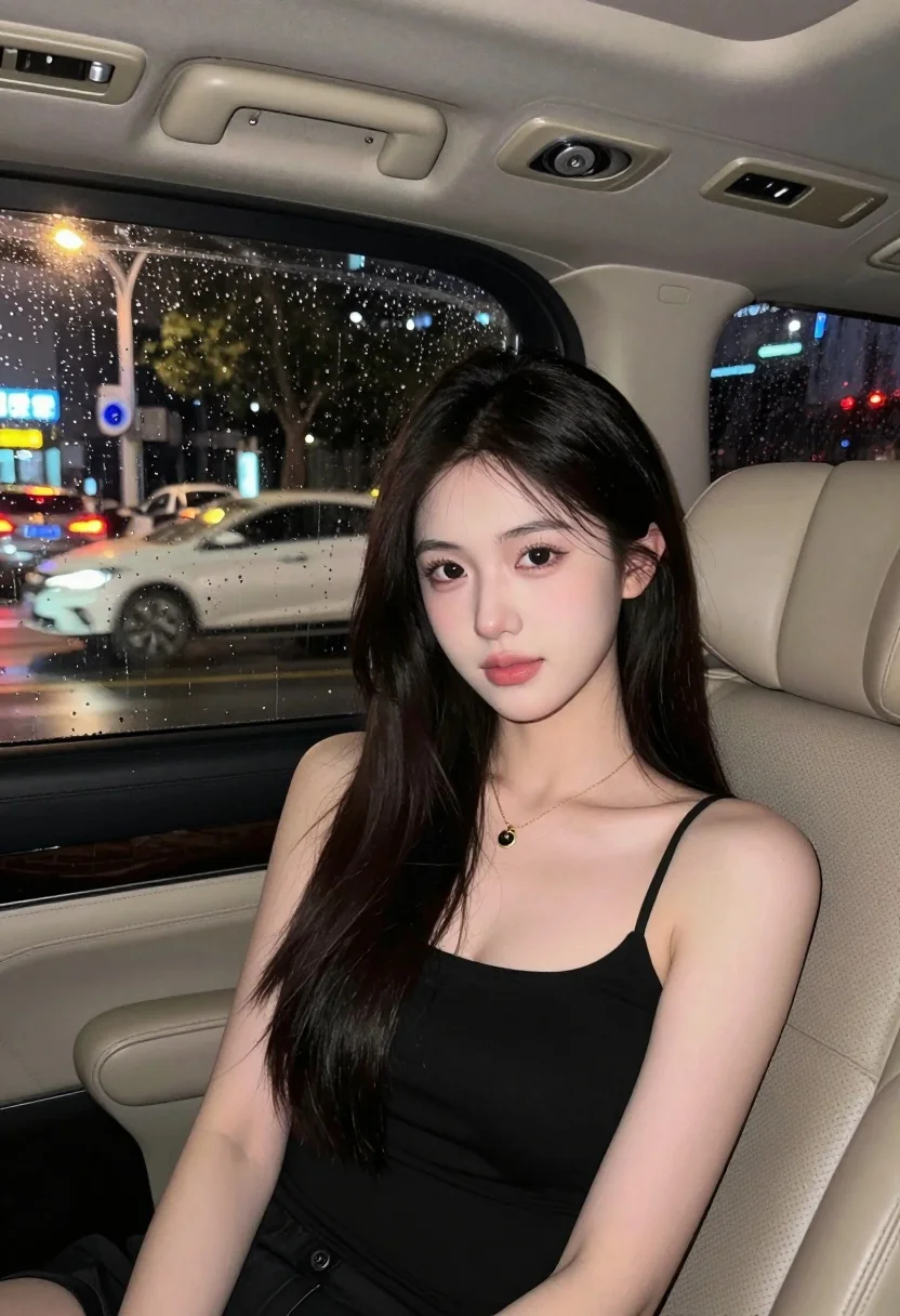 Young woman in black top seated inside car looking at camera through - AI generated image prompt sample