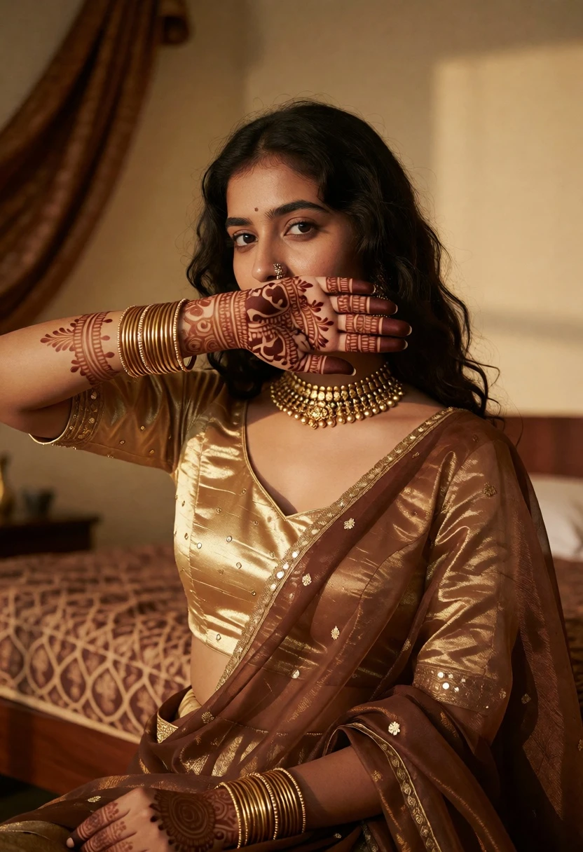 Young woman in gold blouse with henna sitting indoors portrait - AI generated image prompt sample