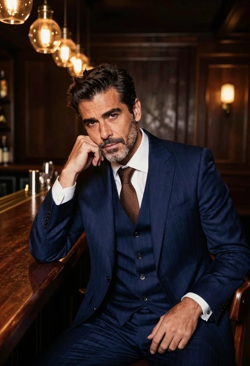 Handsome man in navy suit at dimly lit bar counter