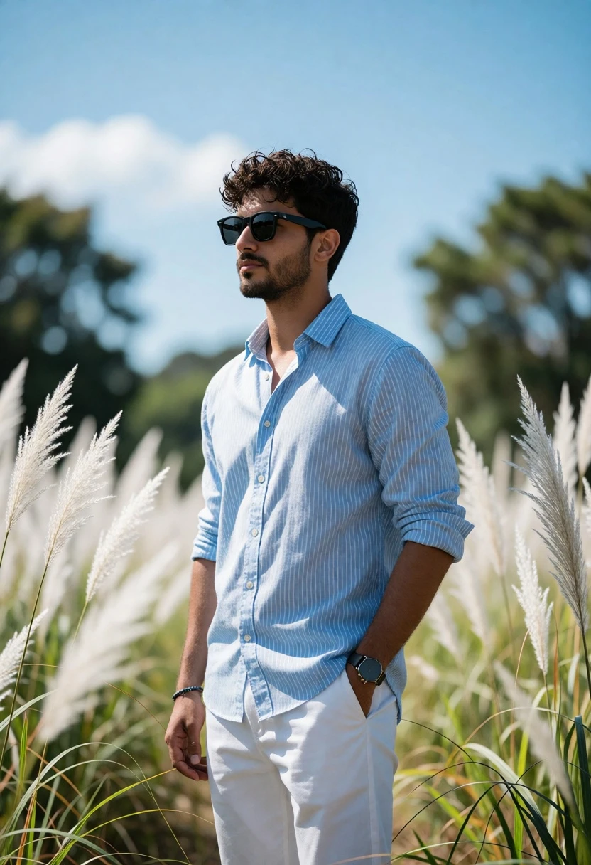 Young man in blue striped shirt standing in white grassy field under - AI generated image prompt sample
