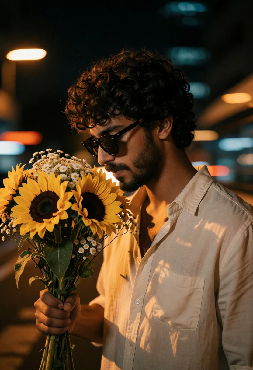 Young man smelling flowers on a dark urban street at night - AI generated image prompt sample