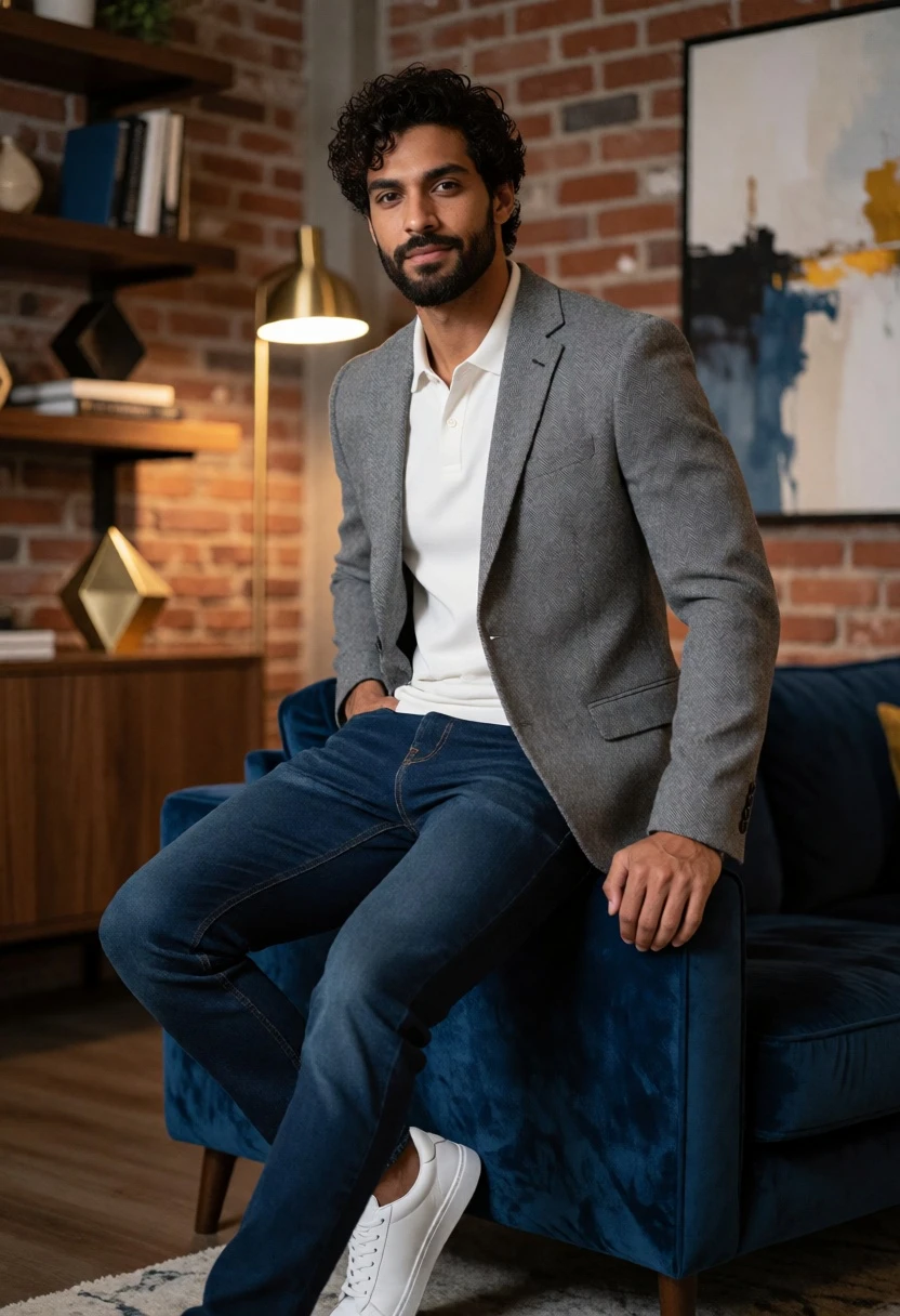 Handsome man sitting on blue velvet sofa in modern stylish living room - AI generated image prompt sample