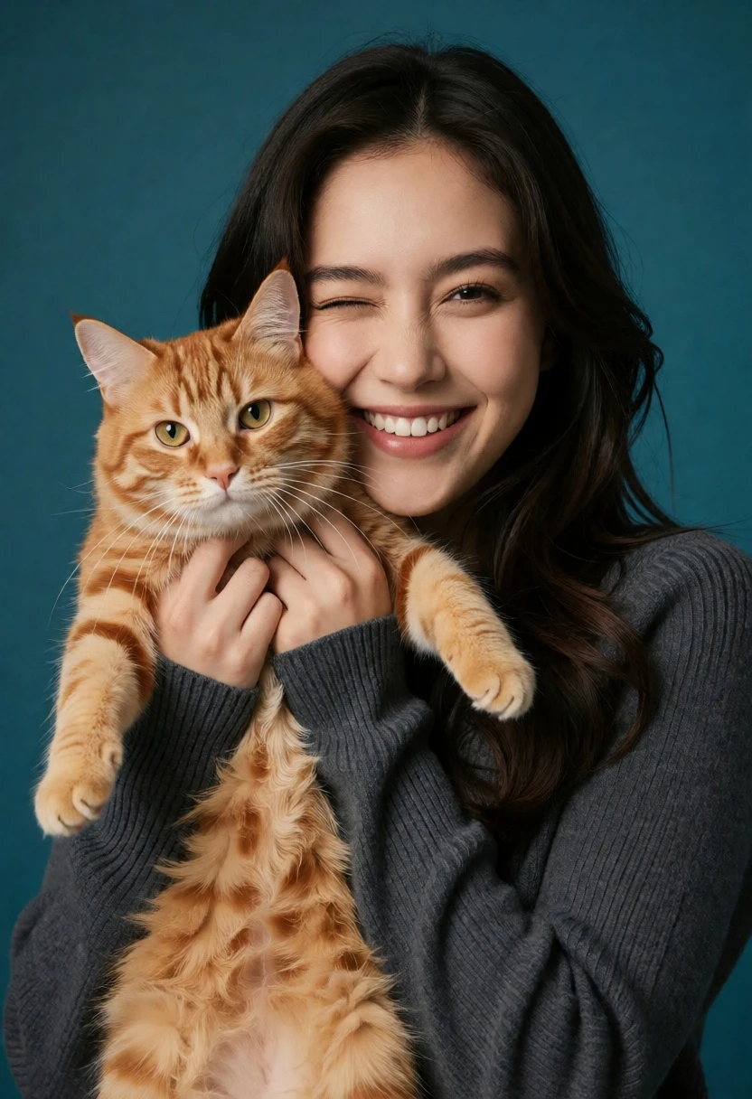 Joyful portrait of young woman holding orange tabby cat against teal background - AI generated image prompt sample