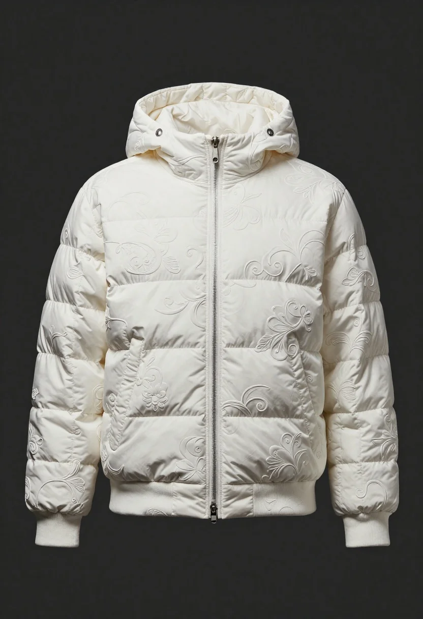 White puffer jacket displayed on a dark gray background - AI generated image prompt sample