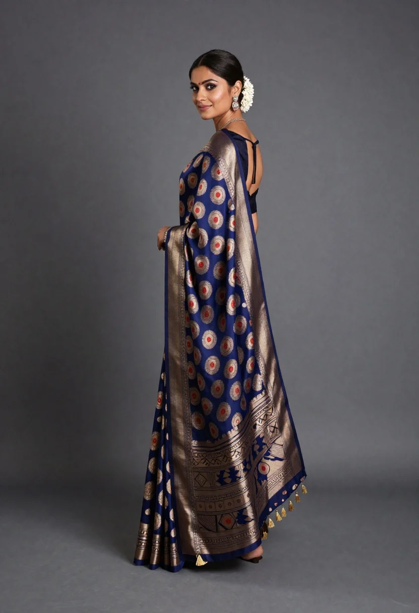 Woman in elaborate blue and gold saree looking over shoulder studio portrait