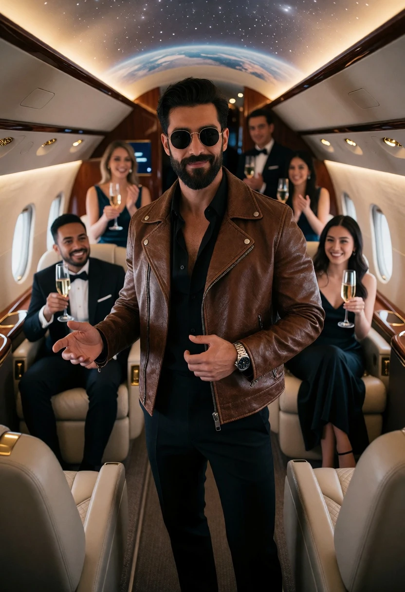 Bearded man in brown jacket inside luxurious private jet cabin at night - AI generated image prompt sample