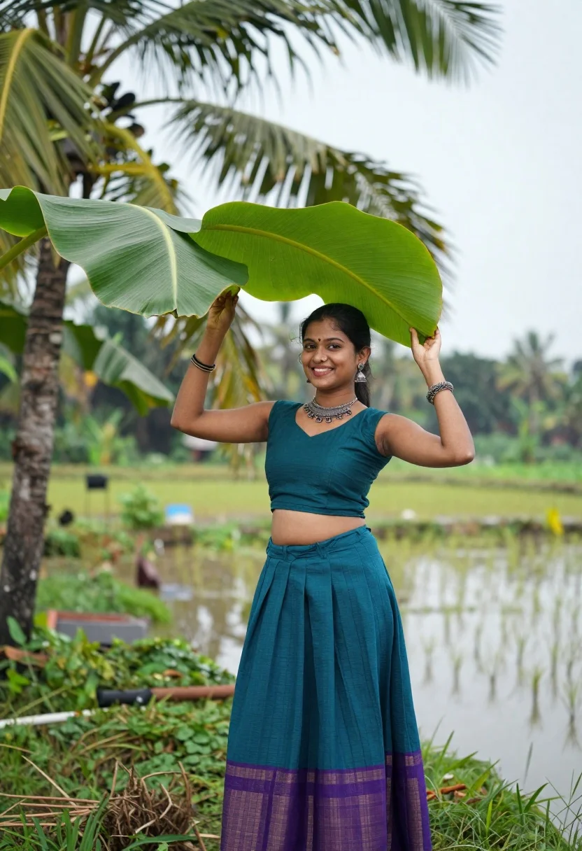 Young woman in traditional indian attire holding banana leaf outdoors