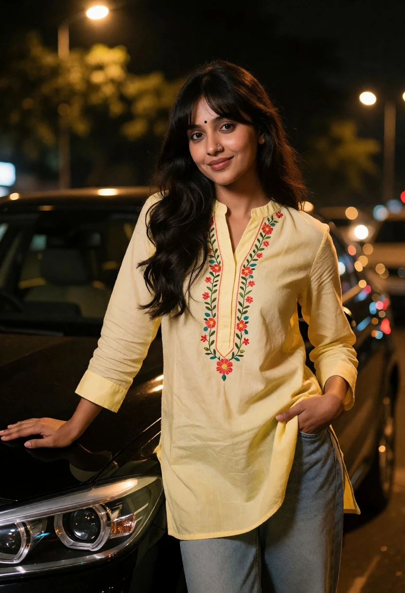 Young woman leaning on black car on city street at night - AI generated image prompt sample