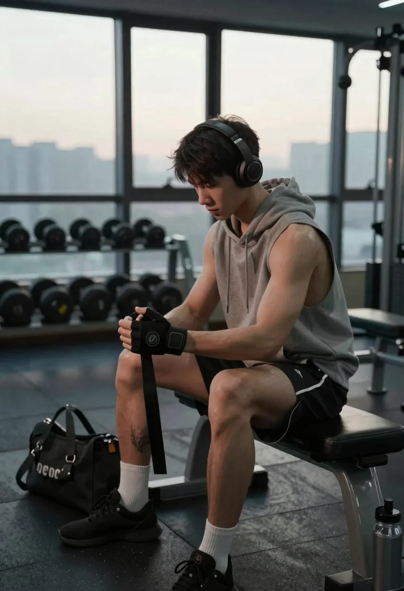 Young male athlete preparing for workout in quiet early morning gym