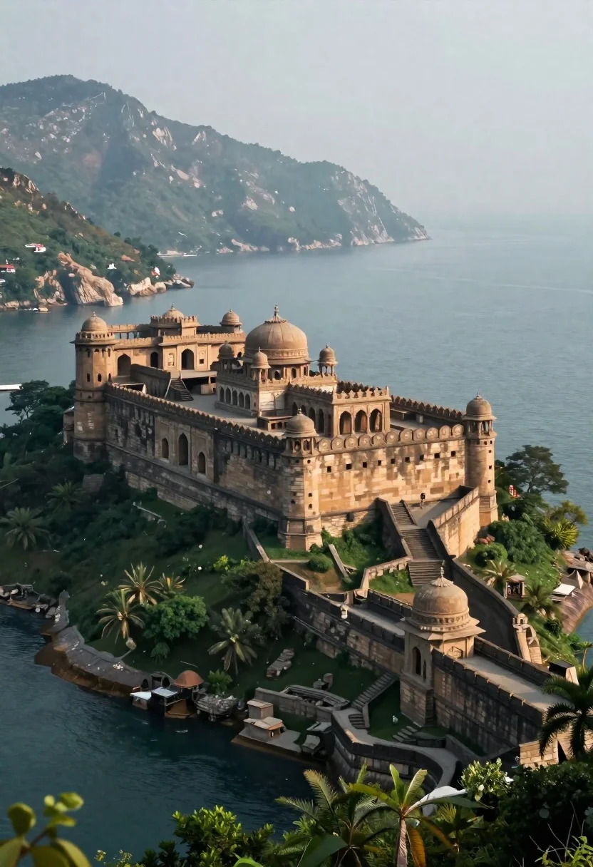 Ancient stone fortress on a lush green island sea