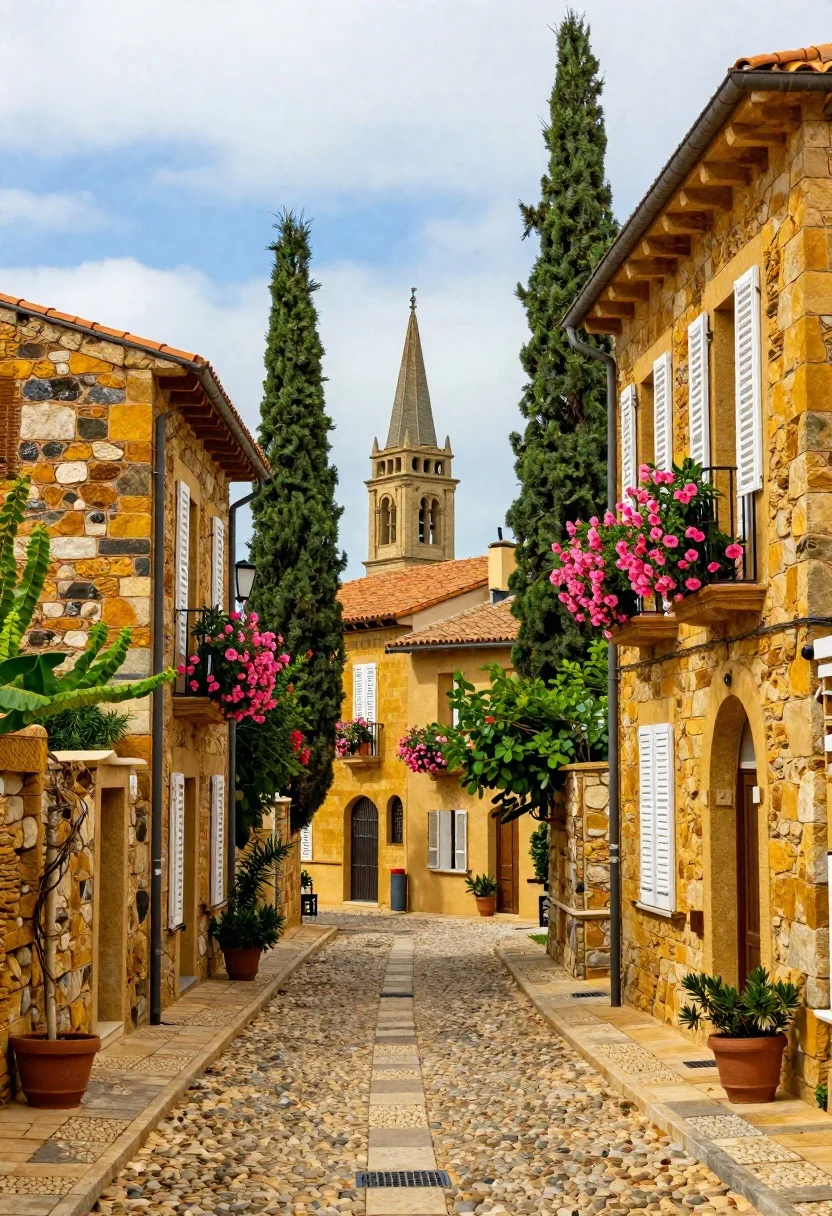 Cobblestone alleyway in a sunny european village
