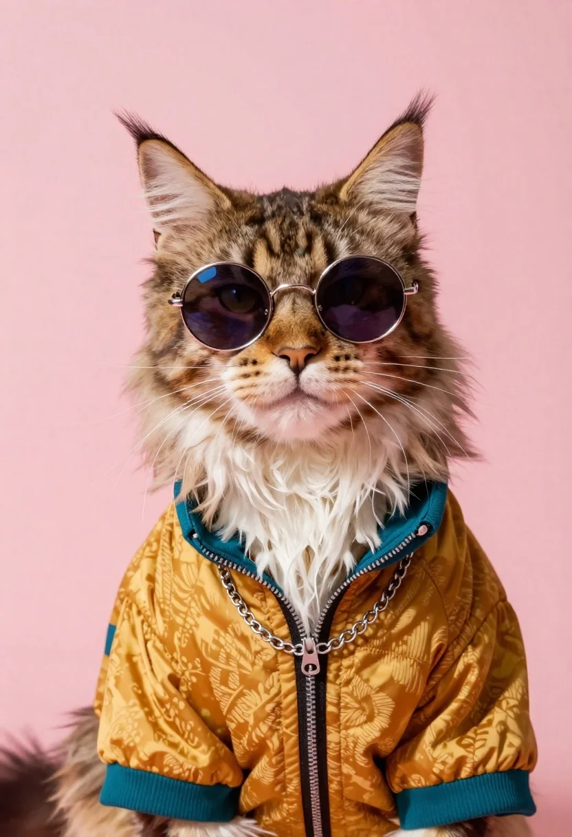 Fluffy maine coon cat wearing mustard jacket with sunglasses