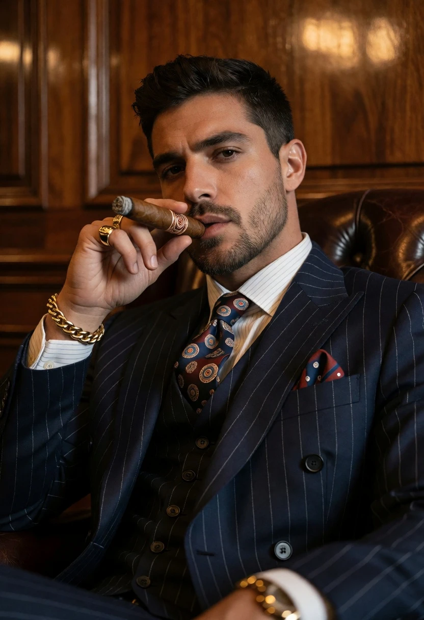 Handsome man in pinstripe suit sitting in leather chair with cigar - AI generated image prompt sample