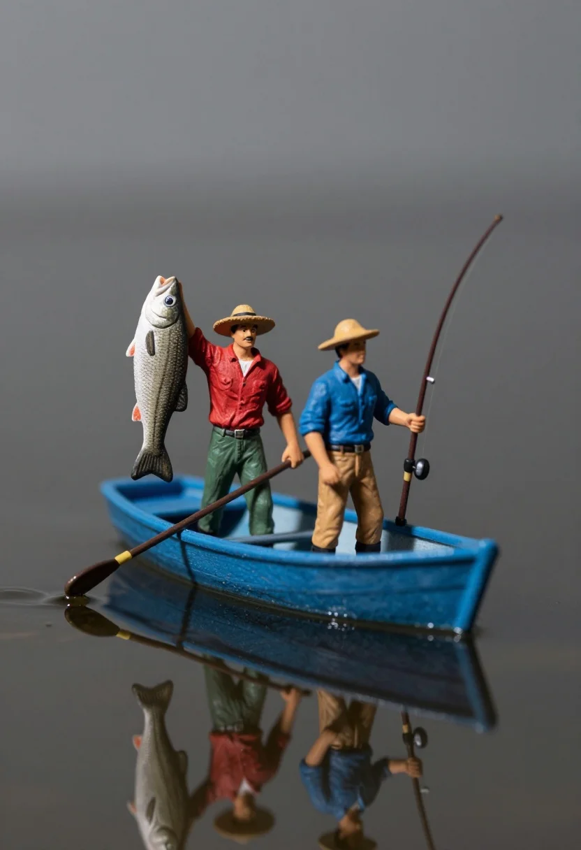 Miniature figurines in blue rowboat holding fish and fishing rod - AI generated image prompt sample