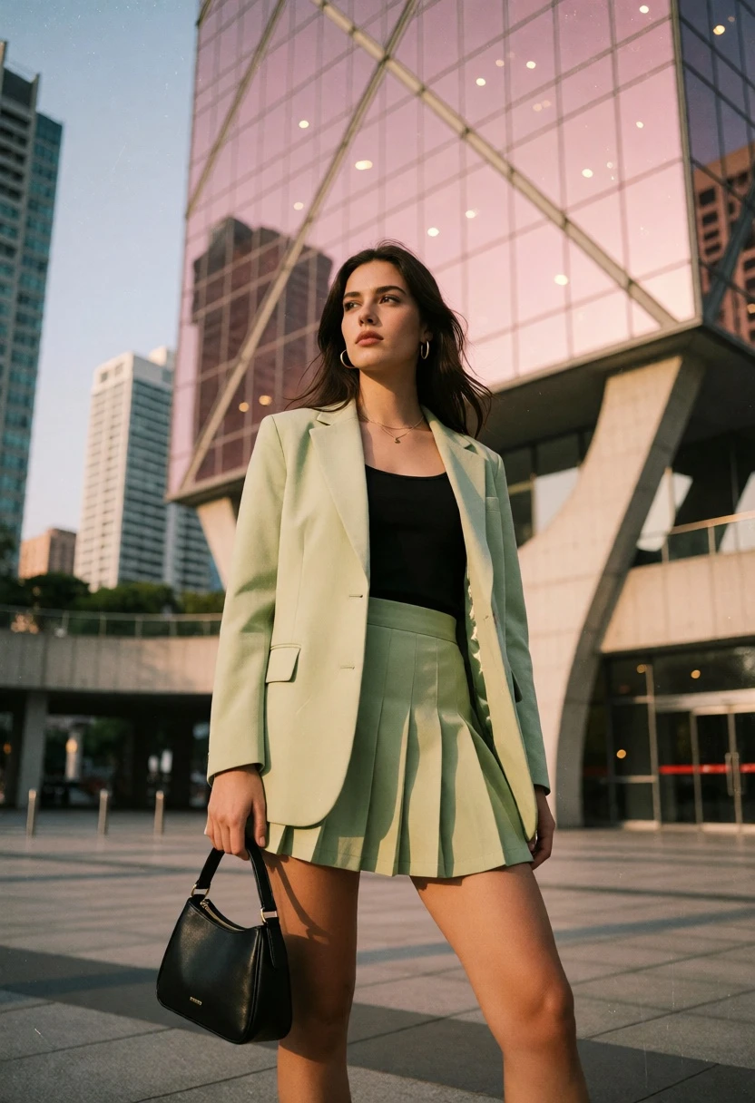 Young woman in green blazer standing before pink glass architecture plaza - AI generated image prompt sample