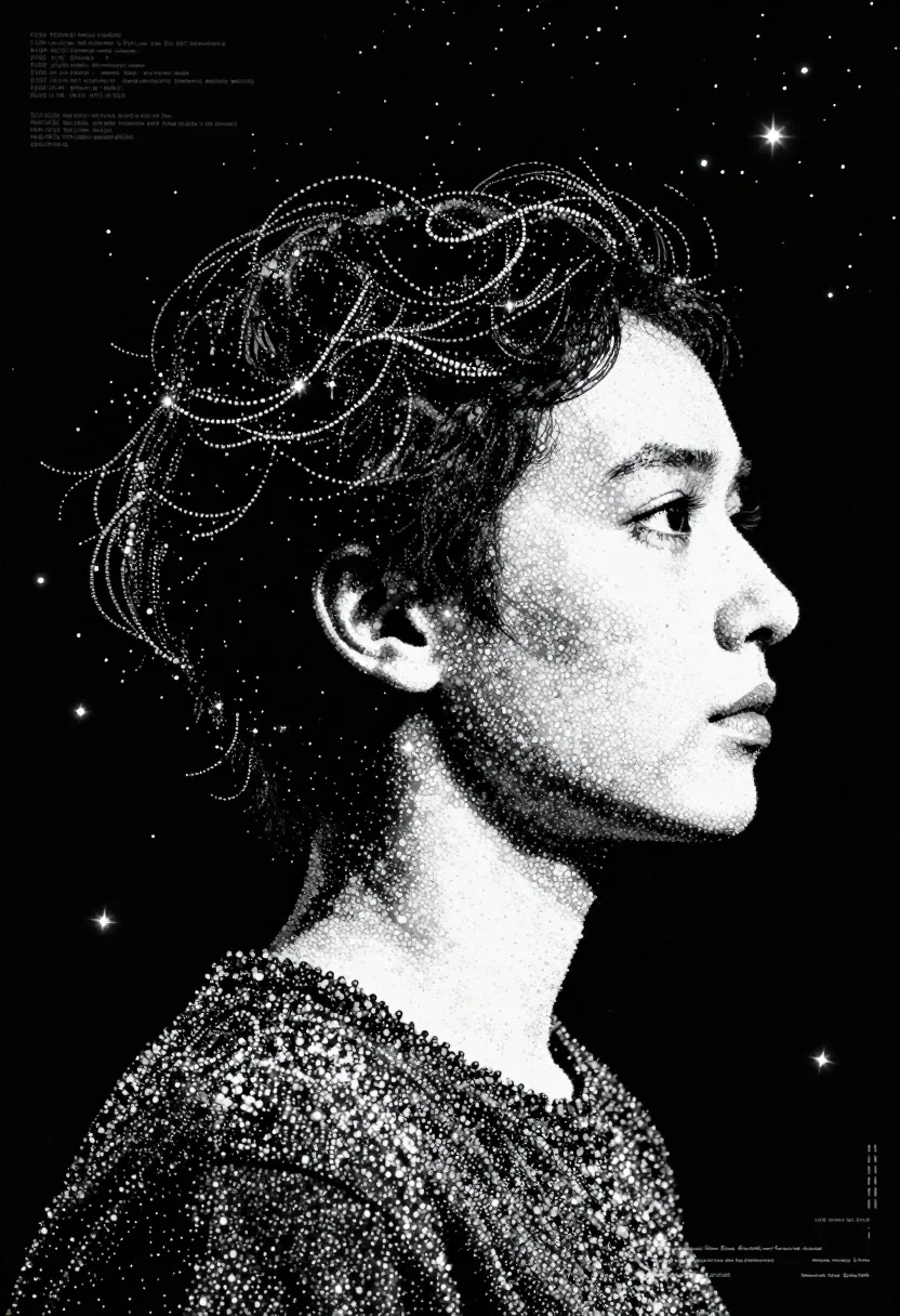 Monochrome dot matrix profile head against space - AI generated image prompt sample