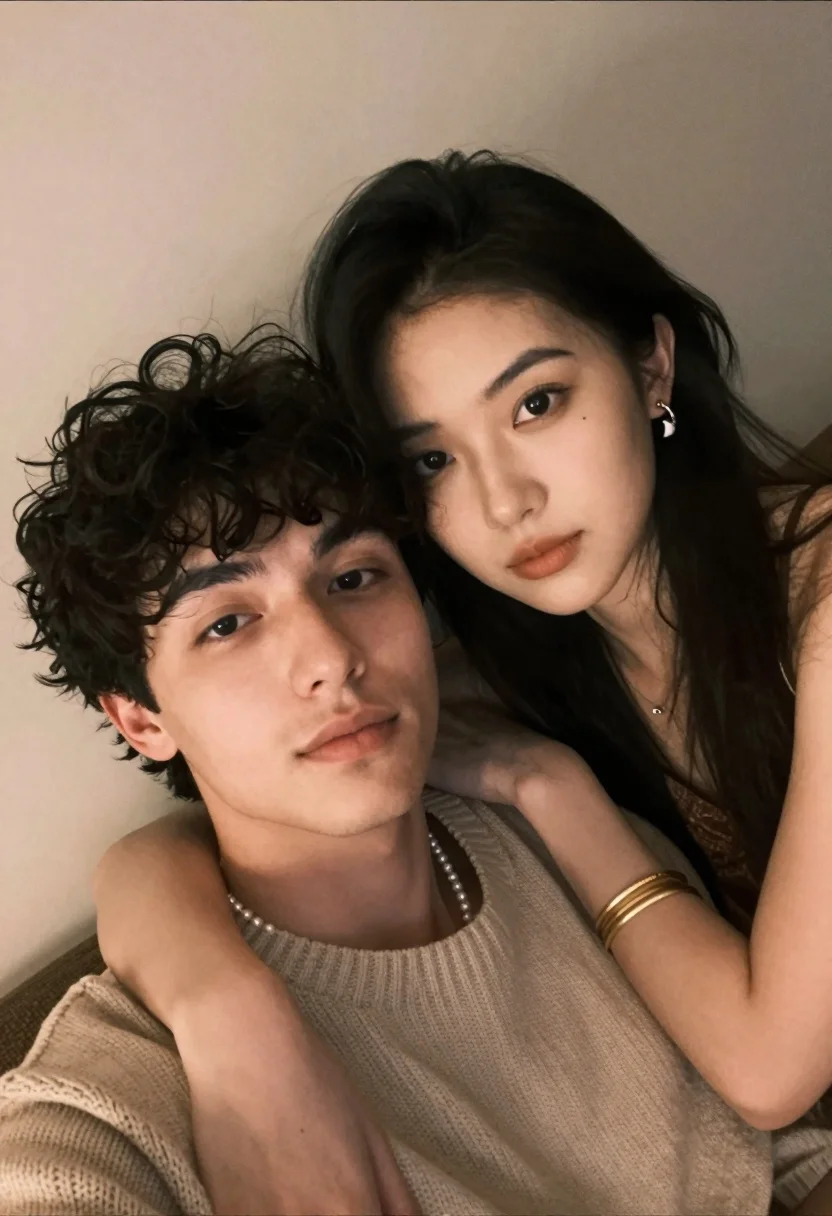 Close up selfie of young couple embracing indoors with warm ambient lighting - AI generated image prompt sample