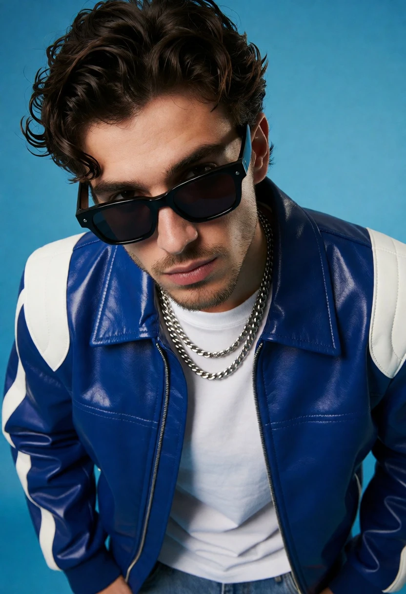 High angle portrait of young man in blue leather jacket against bright - AI generated image prompt sample