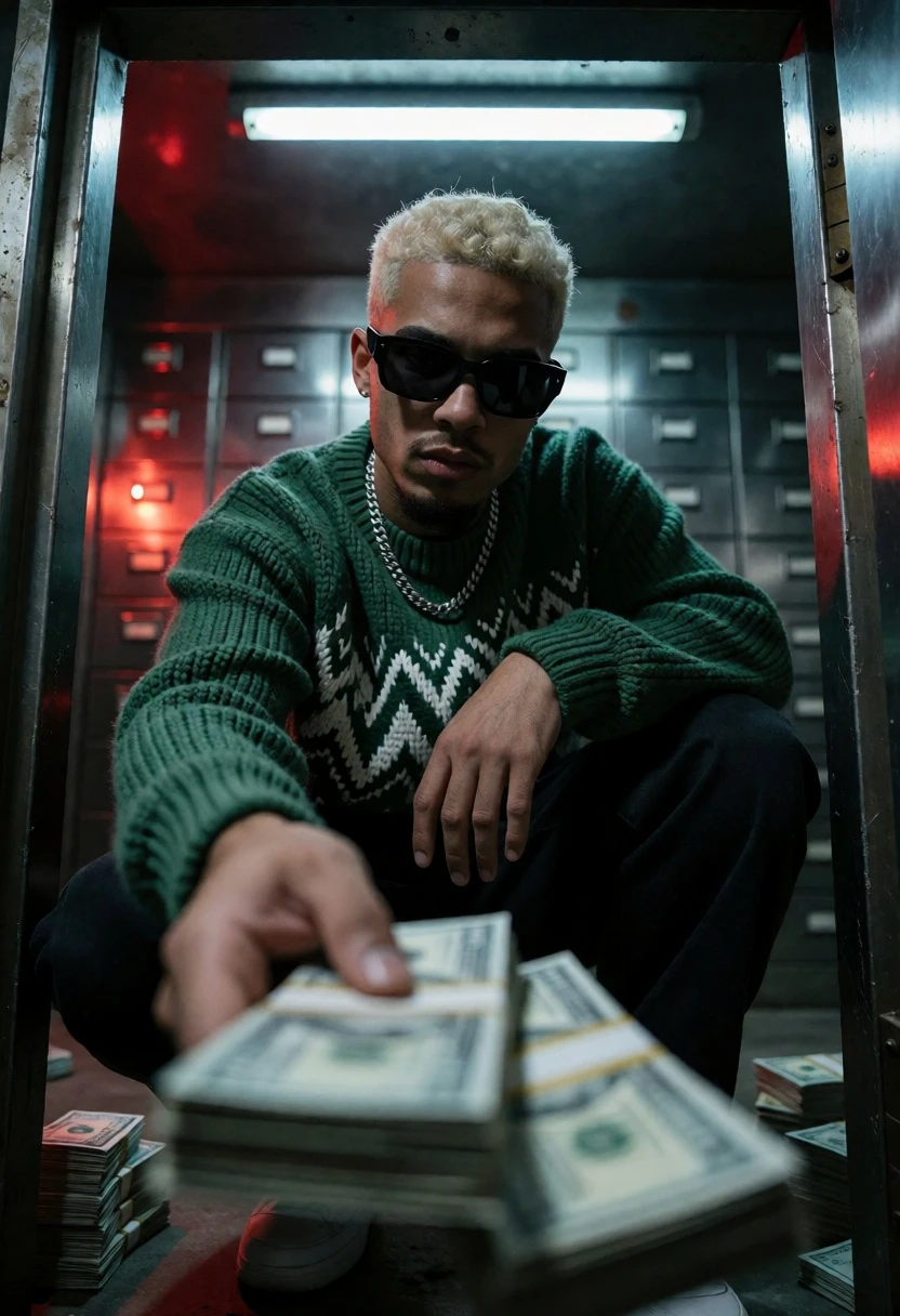 Man handing cash from inside a dimly lit metal vault at low - AI generated image prompt sample