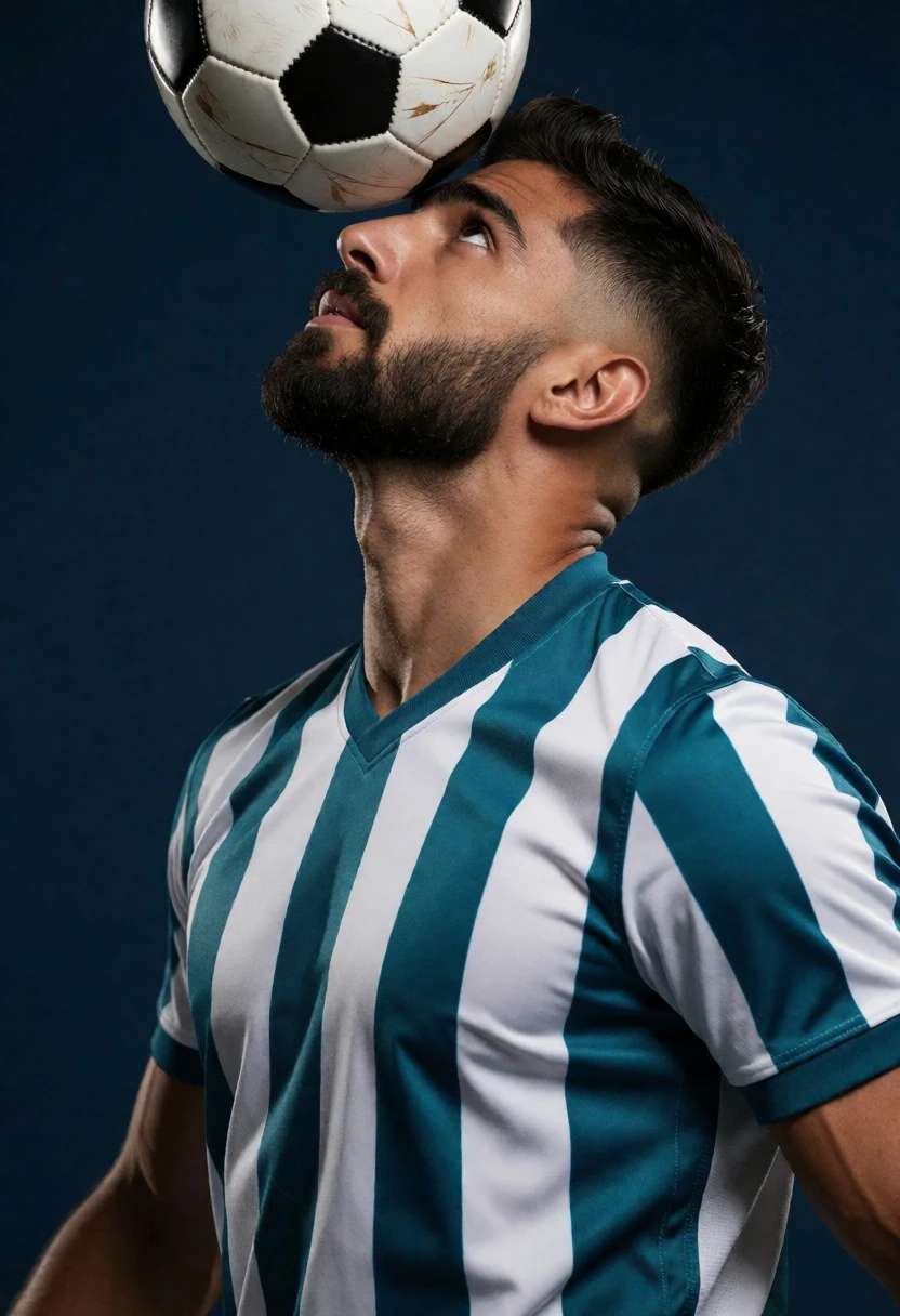 Young man balancing soccer ball on forehead in athletic studio portrait - AI generated image prompt sample