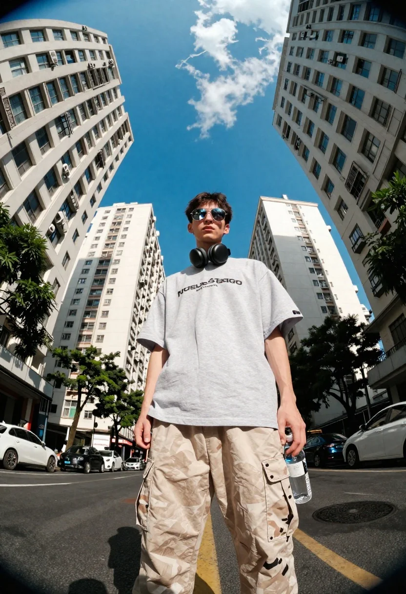 Young man on urban street between towering white buildings