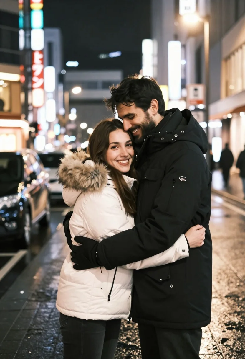 Smiling couple embracing warmly on a wet city street at night - AI generated image prompt sample