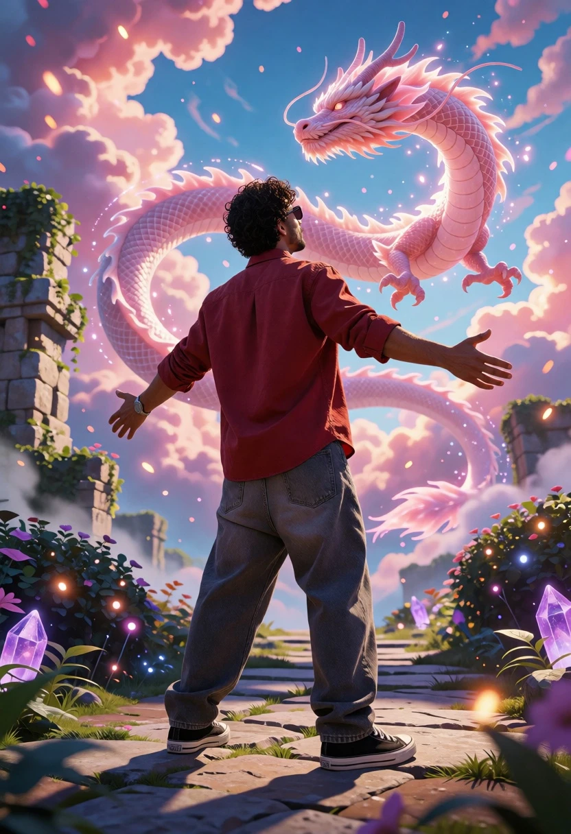 Man standing on stone path facing massive pink dragon in dreamlike sky - AI generated image prompt sample
