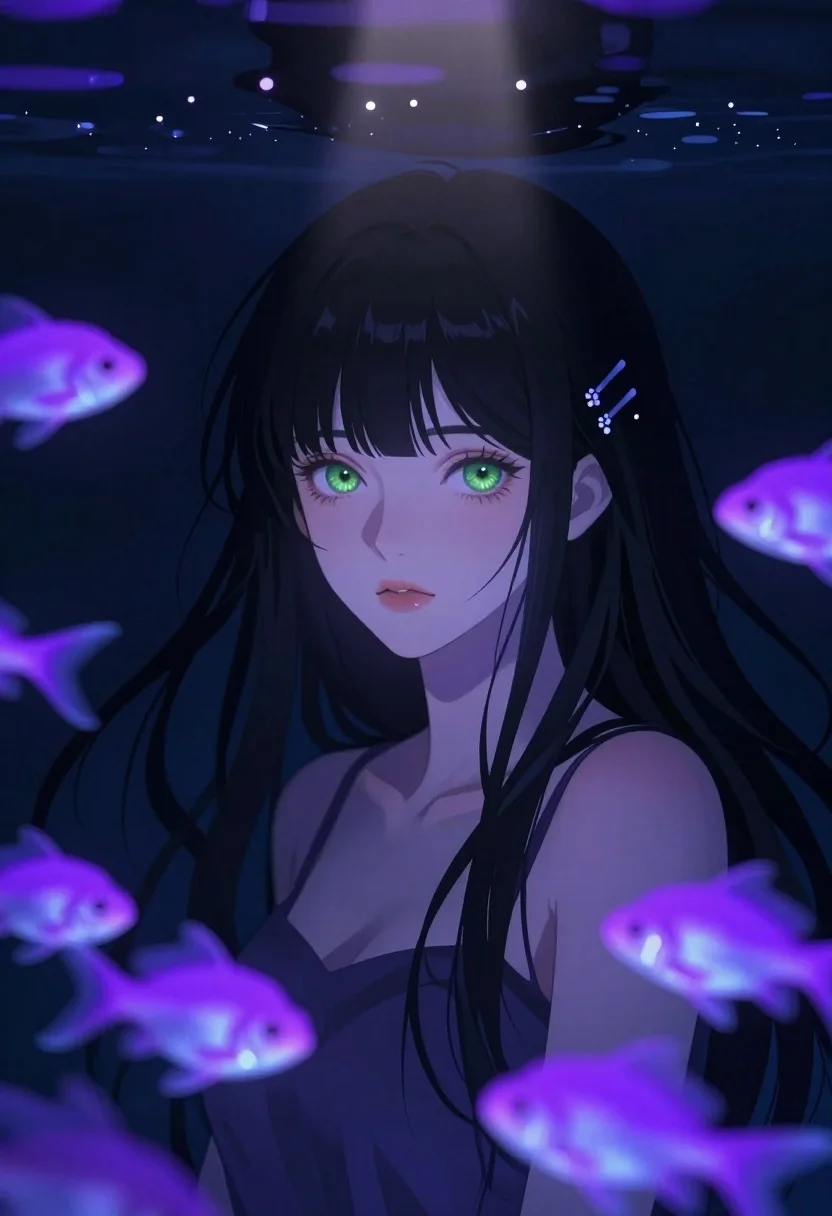 Anime portrait of young woman in dark water surrounded by glowing purple - AI generated image prompt sample