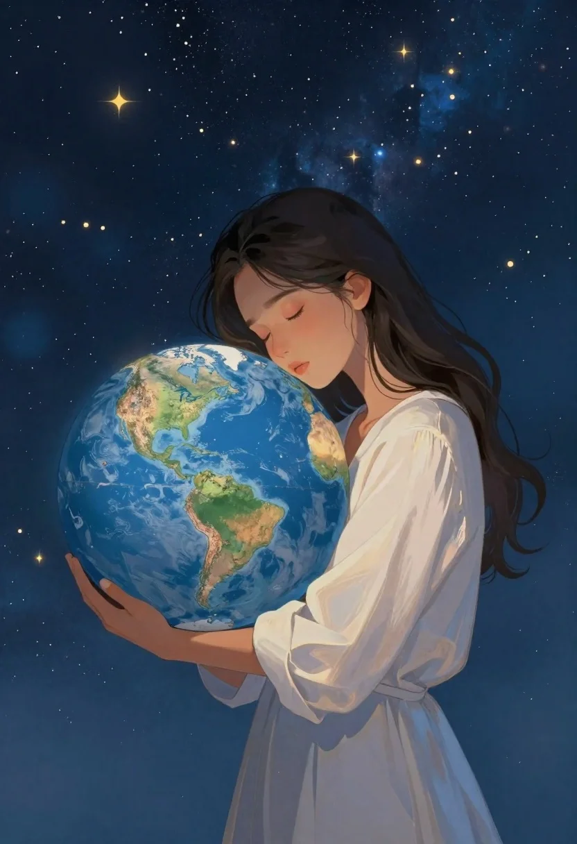 Woman embracing earth against starry cosmos background
