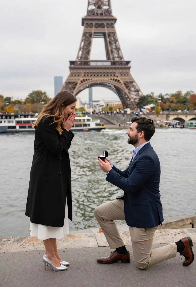 Man proposing to woman in front of eiffel tower by river - AI generated image prompt sample