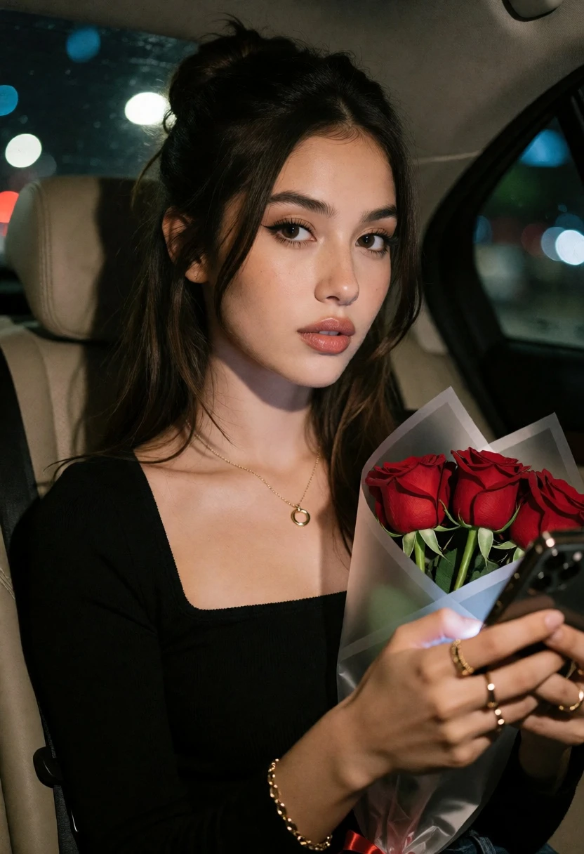 Young woman in car seat holding roses looking at camera at night - AI generated image prompt sample