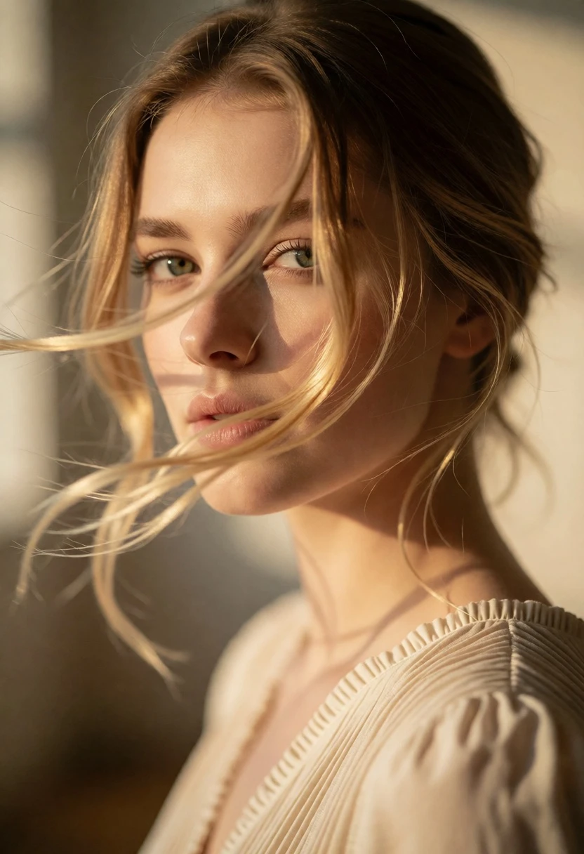 Close up portrait of blonde woman with blowing hair in warm interior - AI generated image prompt sample