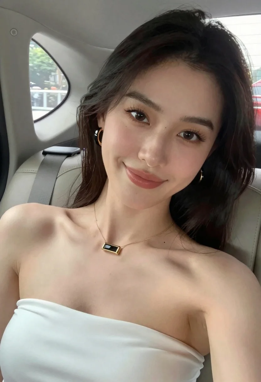 Close up selfie of woman in white top inside car with natural