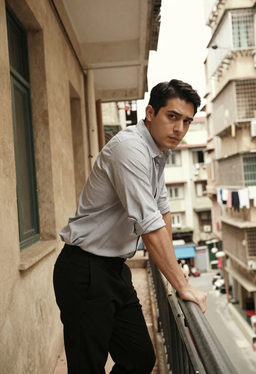 Man in pinstriped shirt leaning on balcony railing in urban alley - AI generated image prompt sample