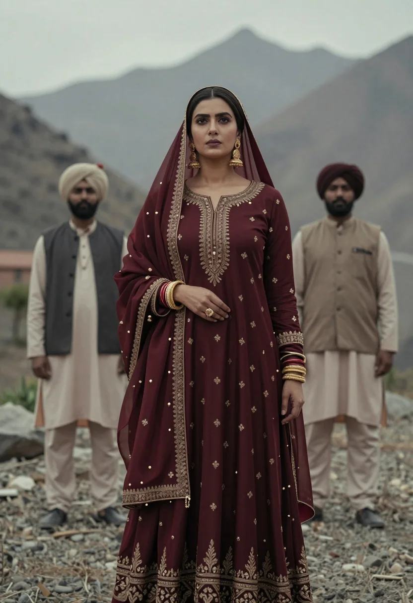 Regal woman in maroon traditional outfit standing before misty mountains - AI generated image prompt sample