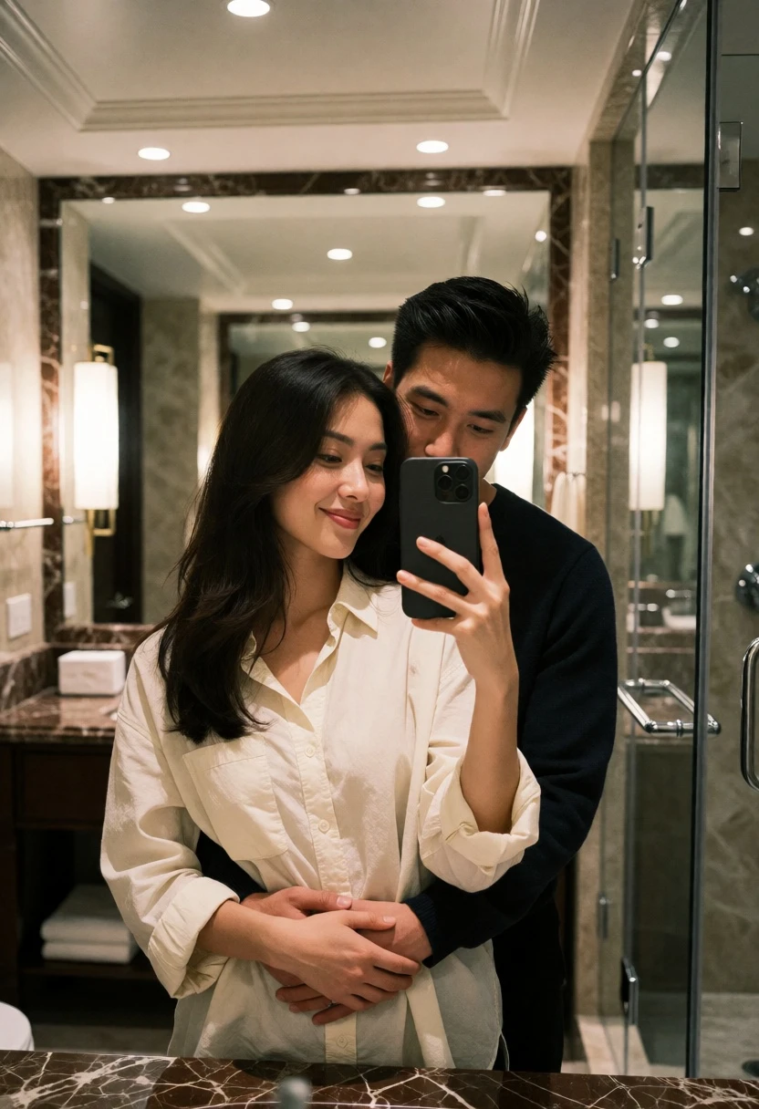 Couple taking a mirror selfie in luxurious marble bathroom setting - AI generated image prompt sample