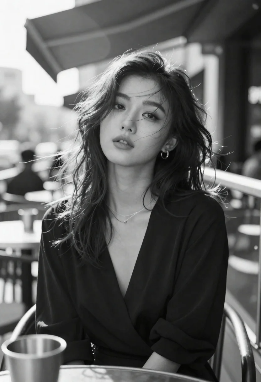East asian woman at outdoor cafe table in black and white - AI generated image prompt sample