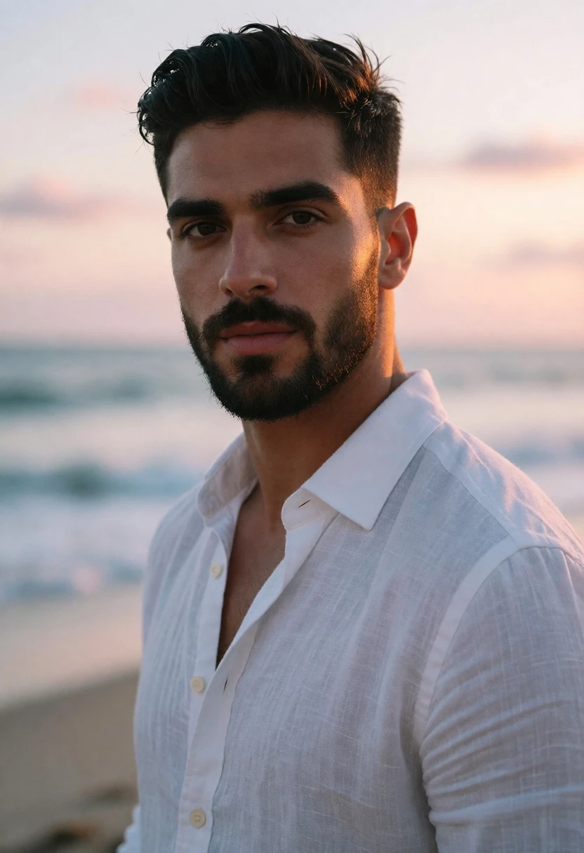 Handsome man in white shirt on beach at sunset with golden rim - AI generated image prompt sample