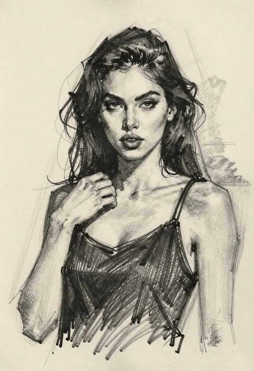 Charcoal portrait sketch of woman touching her neck - AI generated image prompt sample