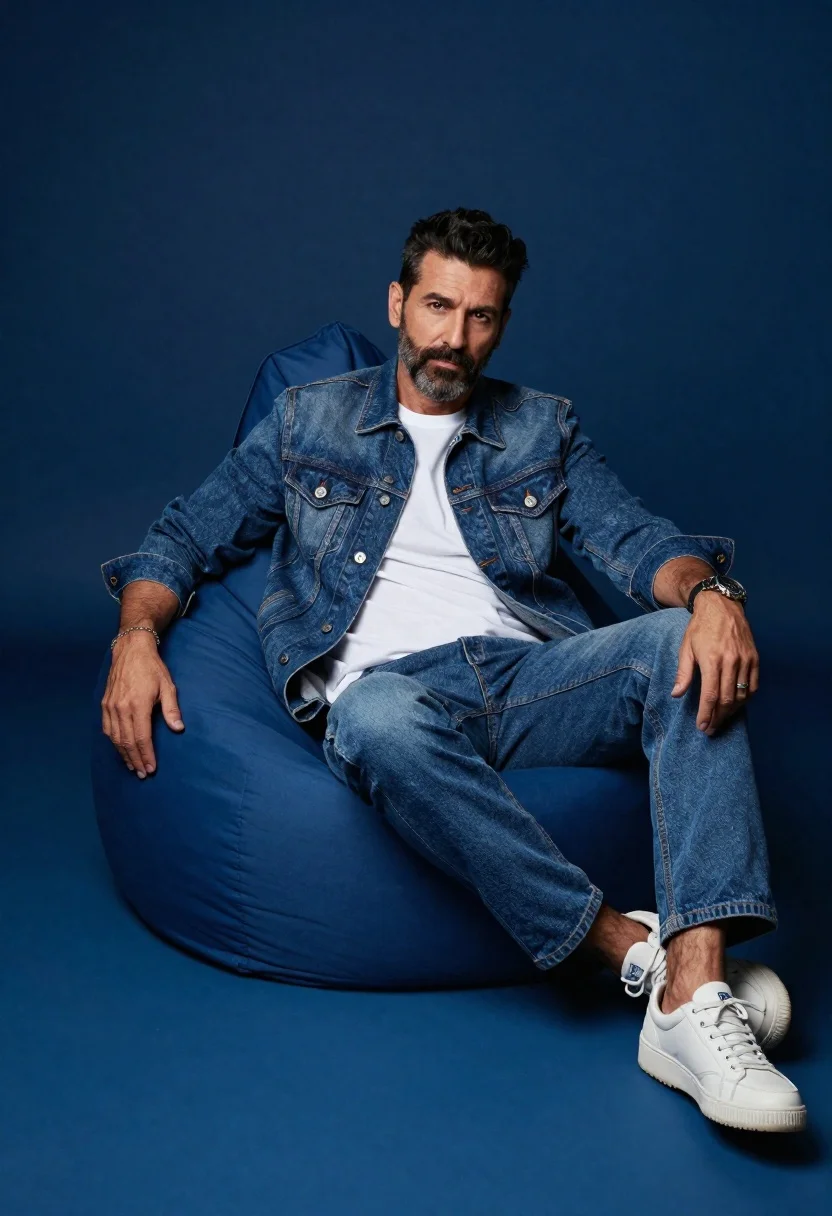 Stylish man in denim jacket on a blue bean bag
