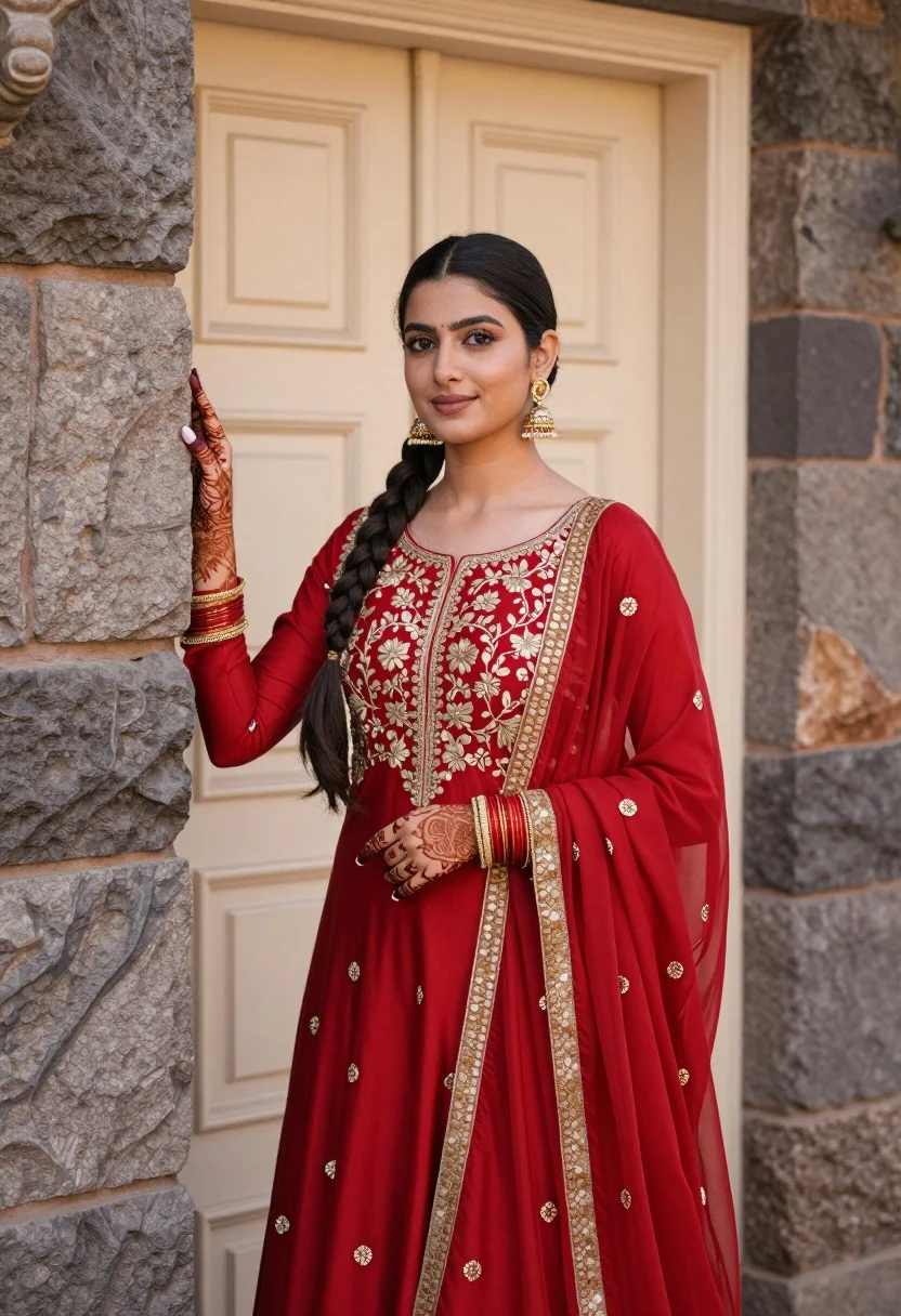 Young woman in red anarkali dress against cream door and stone walls - AI generated image prompt sample
